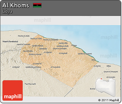 Satellite 3D Map of Al Khoms, shaded relief outside