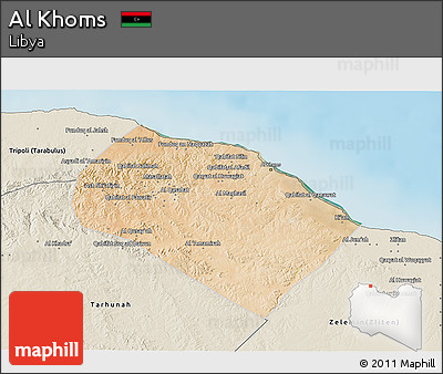 Satellite 3D Map of Al Khoms, shaded relief outside