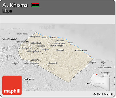 Shaded Relief 3D Map of Al Khoms, desaturated