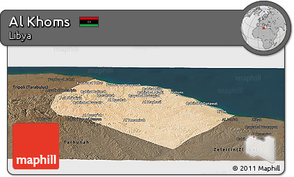 Satellite Panoramic Map of Al Khoms, darken