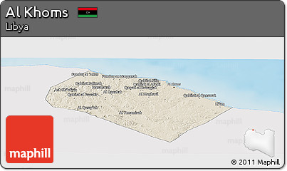 Shaded Relief Panoramic Map of Al Khoms, single color outside