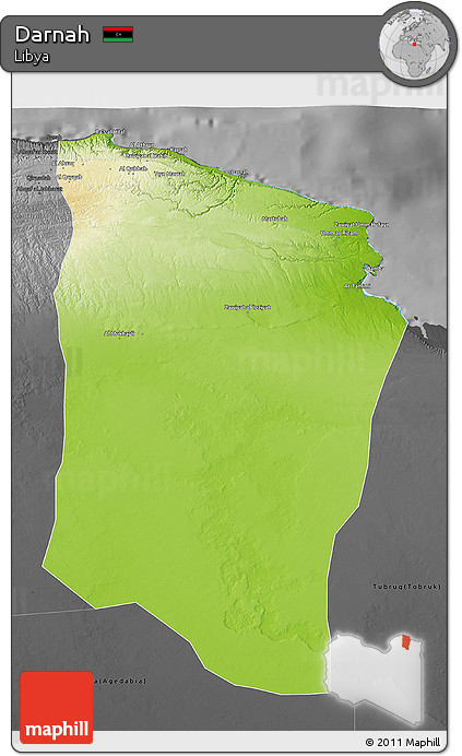 Physical 3D Map of Darnah, darken, desaturated