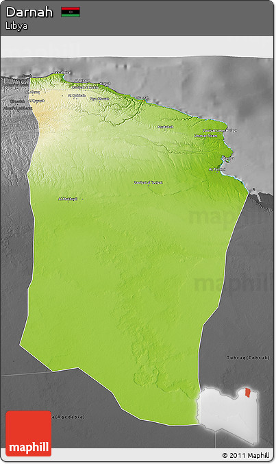 Physical 3D Map of Darnah, darken, desaturated