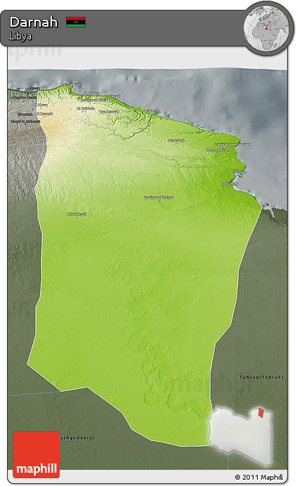 Physical 3D Map of Darnah, darken, semi-desaturated