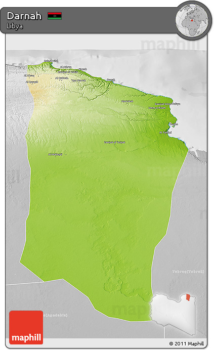 Physical 3D Map of Darnah, lighten, desaturated