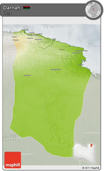 Physical 3D Map of Darnah, lighten, semi-desaturated