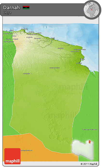 Physical 3D Map of Darnah, political outside