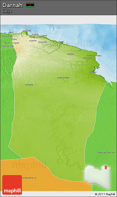 Physical 3D Map of Darnah, political outside