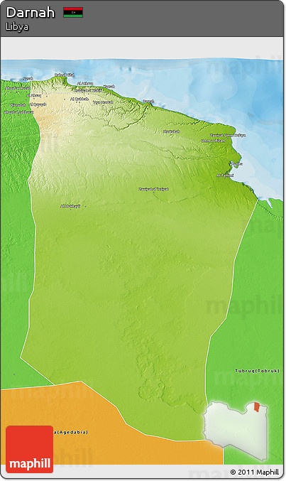 Physical 3D Map of Darnah, political outside