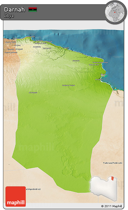 Physical 3D Map of Darnah, satellite outside