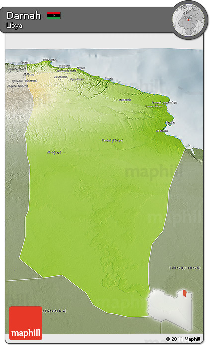 Physical 3D Map of Darnah, semi-desaturated