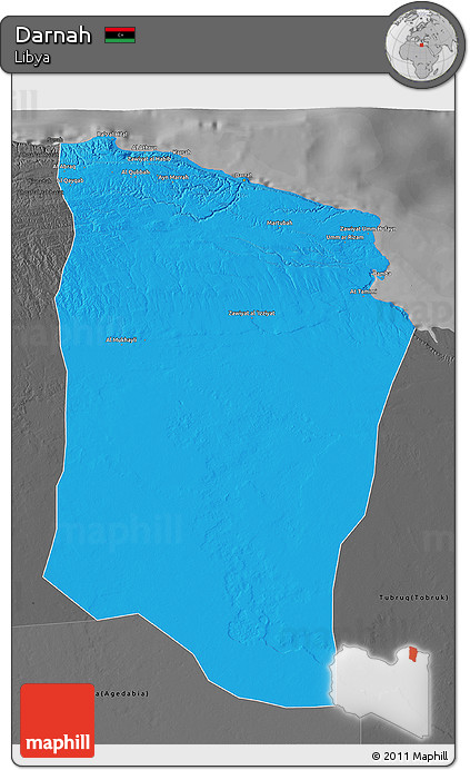 Political 3D Map of Darnah, darken, desaturated
