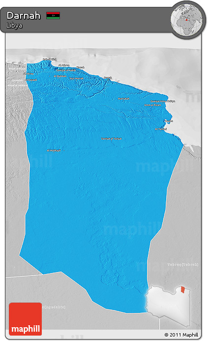 Political 3D Map of Darnah, lighten, desaturated