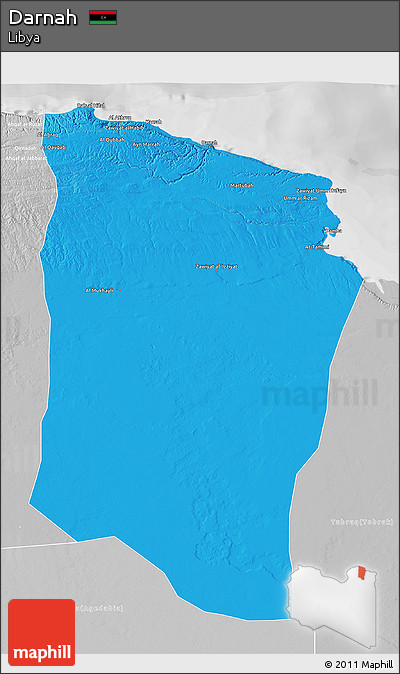 Political 3D Map of Darnah, lighten, desaturated