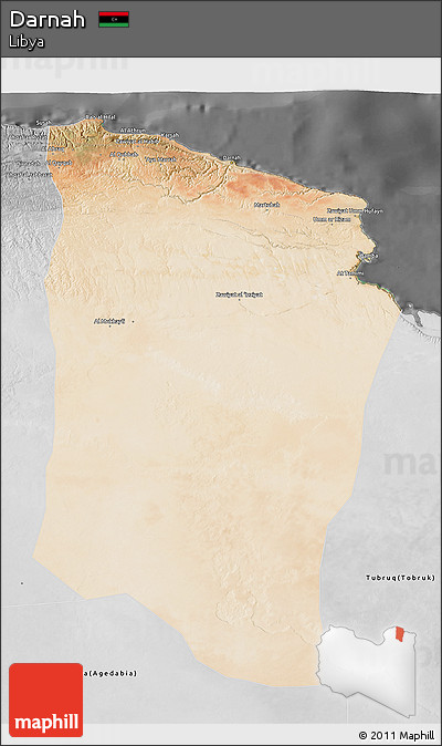 Satellite 3D Map of Darnah, desaturated