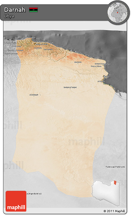 Satellite 3D Map of Darnah, desaturated