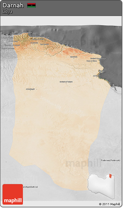Satellite 3D Map of Darnah, desaturated