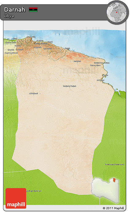 Satellite 3D Map of Darnah, physical outside