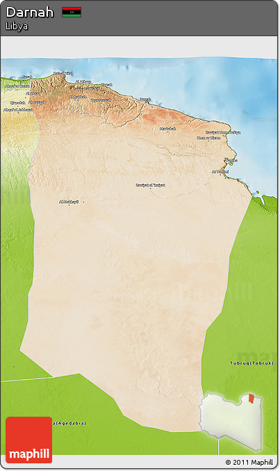 Satellite 3D Map of Darnah, physical outside