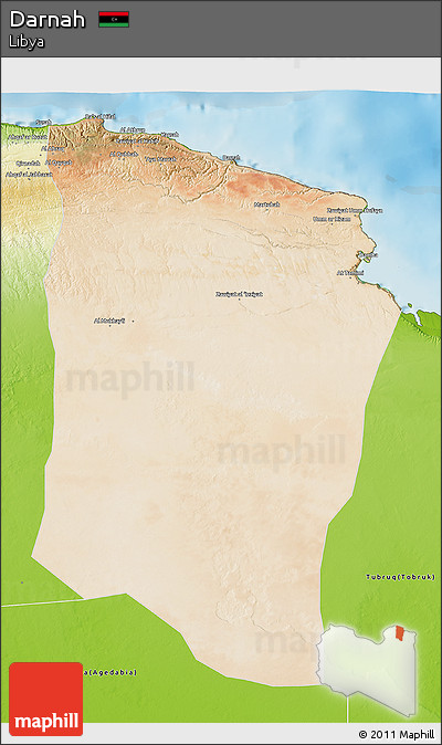Satellite 3D Map of Darnah, physical outside