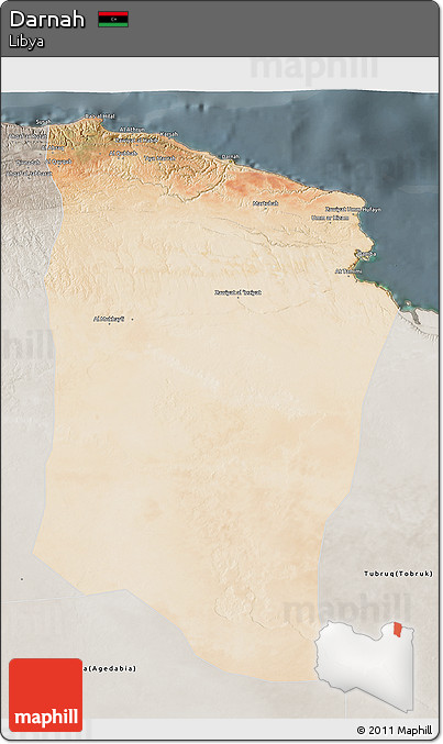 Satellite 3D Map of Darnah, semi-desaturated