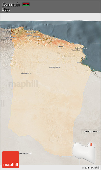 Satellite 3D Map of Darnah, semi-desaturated