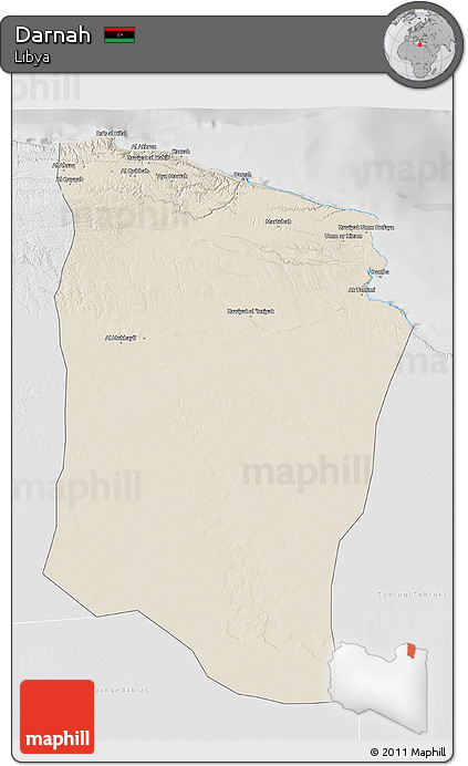 Shaded Relief 3D Map of Darnah, lighten, desaturated