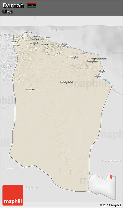 Shaded Relief 3D Map of Darnah, lighten, desaturated