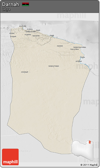 Shaded Relief 3D Map of Darnah, lighten, desaturated