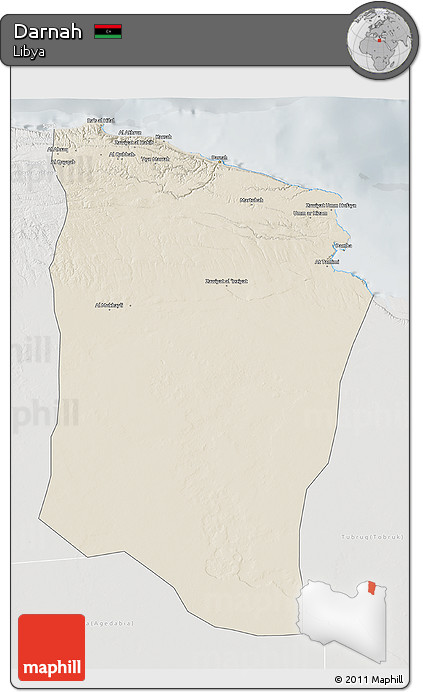Shaded Relief 3D Map of Darnah, lighten, semi-desaturated