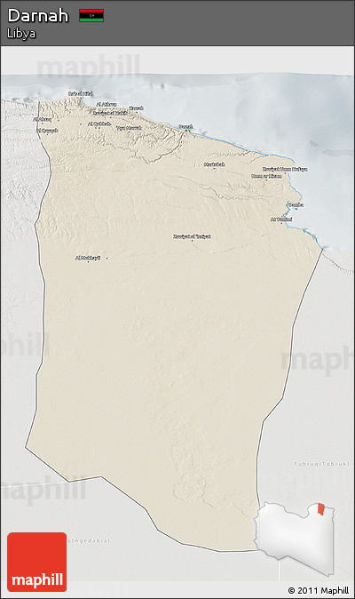 Shaded Relief 3D Map of Darnah, lighten, semi-desaturated