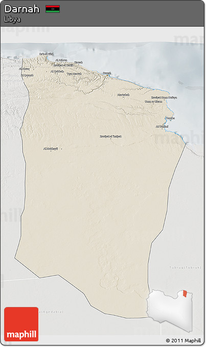 Shaded Relief 3D Map of Darnah, lighten, semi-desaturated