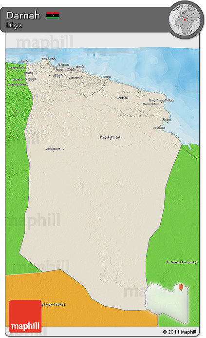 Shaded Relief 3D Map of Darnah, political outside