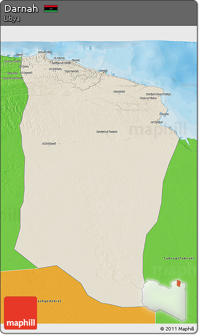 Shaded Relief 3D Map of Darnah, political outside