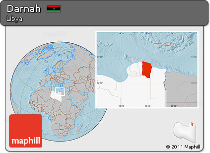 Gray Location Map of Darnah, highlighted country, hill shading