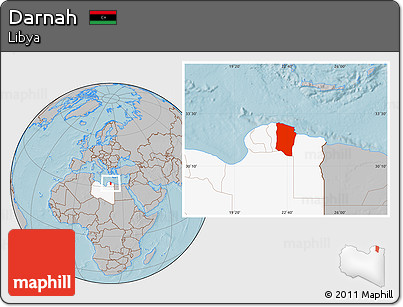 Gray Location Map of Darnah, highlighted country, hill shading