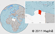 Gray Location Map of Darnah, highlighted country, hill shading