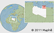 Savanna Style Location Map of Darnah, highlighted country, within the entire country, hill shading