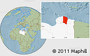 Savanna Style Location Map of Darnah, highlighted country, hill shading