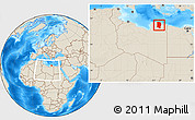 Shaded Relief Location Map of Darnah, within the entire country