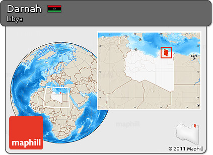 Shaded Relief Location Map of Darnah, highlighted country, within the entire country