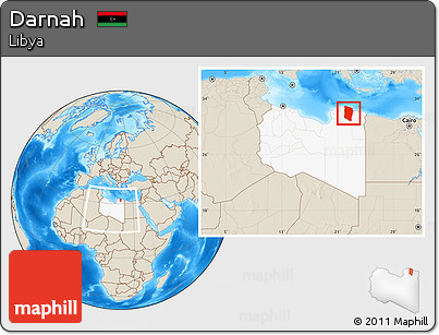 Shaded Relief Location Map of Darnah, highlighted country, within the entire country