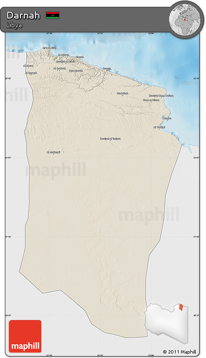 Shaded Relief Map of Darnah, single color outside