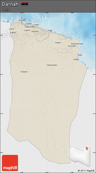Shaded Relief Map of Darnah, single color outside