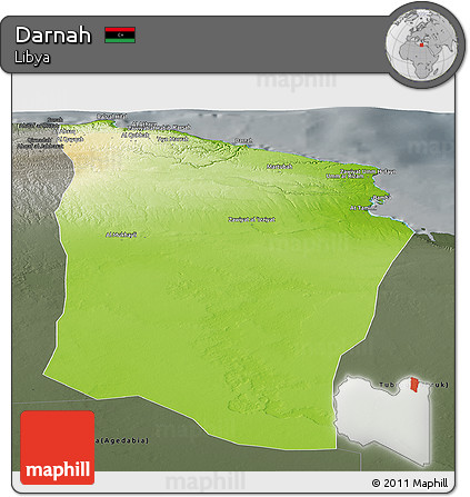 Physical Panoramic Map of Darnah, darken, semi-desaturated