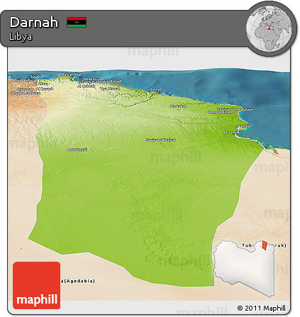 Physical Panoramic Map of Darnah, satellite outside
