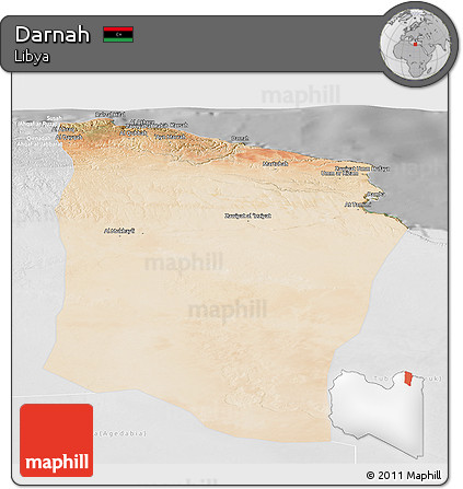 Satellite Panoramic Map of Darnah, lighten, desaturated