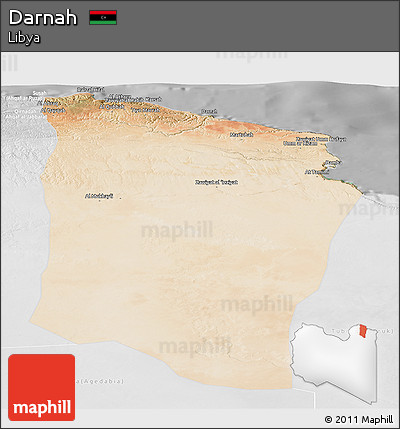 Satellite Panoramic Map of Darnah, lighten, desaturated