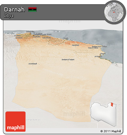 Satellite Panoramic Map of Darnah, lighten, semi-desaturated