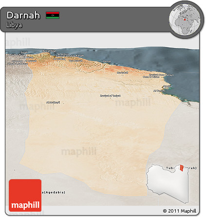 Satellite Panoramic Map of Darnah, semi-desaturated
